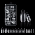 Clear almond press-on nails set with matte base and storage box on reflective black surface - BSW01 (120Pcs Boxed)