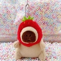 Plush capybara keychain wearing a red strawberry hood with a silver bead chain - Strawberry Hat Light Brown + Bead Chain