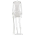 Elegante vestido corto blanco de encaje con manga larga, lazo lateral y falda plisada - S / Blanco