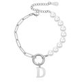 Asymmetric faux pearl and paperclip chain bracelet with a large capital D letter pendant - Silver-Letter D