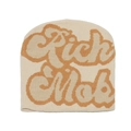 Detailed close-up of cream and brown knit beanie with bold Rich Mob jacquard pattern - M (56-58cm) / Khaki
