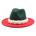 Two-tone wool fedora hat in dark green and red featuring elegant pearl trim decoration - M (56-58cm) / Dark Green Patchwork Bright Red
