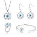 Silbernes Evil Eye Schmuckset mit Halskette Ohrringen Ring und Perlenarmreif für Damen - Runder Böser Blick Offenes Armband / Stahlfarbe