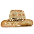 Straw cowboy hat with hollow geometric patterns and gold chain accent for sun protection - M (56-58cm) / Camel (JXS-5321)