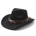 Detail of faux suede western cowboy hat featuring leather band and bull head buckle - M (56-58cm) / Black