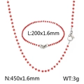 Red beaded stainless steel necklace and bracelet set with 1.6mm chain link - Bracelet / Red