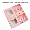 Christmas elk stainless steel spoon and fork set in a pink gift box packaging - 410 Stainless Steel Elk Spoon Fork 2PCS Set (Pink Box) / Silver