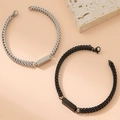 Detail of silver and black stainless steel chain bracelets with engravable metal plates - 17cm / Black + Silver