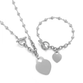 Set di collana e bracciale in acciaio inossidabile argento con cuore e chiusura a levetta - Stile Catena a Sfere d'Argento (KS140880-Z)