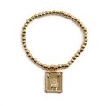 Golden beaded bracelet with rectangular palm pendant featuring moon and evil eye motifs - Rectangular Palm Moon Star Pendant