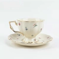 Vintage floral ceramic tea cup and saucer set in cream white with elegant gold trim edges - Flower Clusters Large Mouth Coffee Cup & Saucer