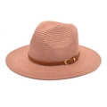Detail of salmon pink straw panama hat with brown leather band and gold buckle - Dusty Pink