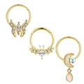 Set of 3 gold nose rings with zirconia, pearls, and iridescent moon pendants - 1.2x8mm / Gold Butterfly Bat Moon Style (Set 18)