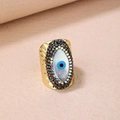 Bague ajustable plaquée or 14K avec motif Evil Eye en nacre et texture martelée - Ouvert Réglable / Noir Fusil