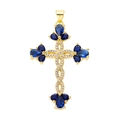Golden cross pendant with woven texture, white gemstones, and blue drop-shaped stones - Pendant 103 (Gold Blue Stone Woven Cross)