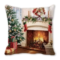 Christmas tree and fireplace festive print peach skin cushion cover for holiday decor - 18x18 Inch / 14