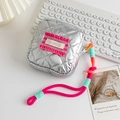 Silver quilted PU makeup bag with colorful braided wrist strap and pink patch detail - Diamond Quilted Silver (Pink Label)