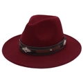 Detail of burgundy wool fedora featuring a brown leather band and vintage metal buckle - Burgundy
