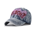 Detail of washed denim baseball cap with pink graffiti and red HIGH street art lettering - Adjustable / Graffiti Red
