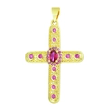 Golden cross pendant with pink gemstones and red oval center stone on white background - Pendant 22 (Gold Pink Ruby Color Luxury Cross)