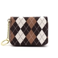 Brown argyle pattern accordion card holder wallet with gold zipper and keychain detail - Brown