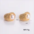 Vintage gold croissant stud earrings with large white pearl inlays for women - Amleh036