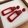 Retro geometric earrings with red resin globes and textured rectangular leather charms - Red (925 Sterling Silver Earring Post)