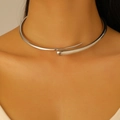 Sleek minimalist silver-finish metal choker necklace with an asymmetric spring open design - Asymmetric Criss-Cross Streamlined Silver Style (White K 6294)
