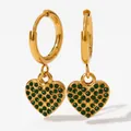 Golden heart drop earrings with green zircon pave setting on a white background - Gold With Green Zircon (KDE1209)