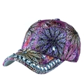 Floral rhinestone baseball cap for women with purple and pink pattern on white background - One Size Adjustable / Purple Floral