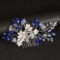 Detail of silver wire bridal hair comb with blue crystals and white pearls - Blue/Silver