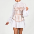 White long sleeve mesh dress with pink corset waist detail and lantern sleeves - S / Top And Bottom / White