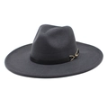 Detailed view of dark grey wool fedora featuring a black leather band and gold horseshoe buckle - Adult 56-59cm / Dark Gray