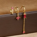 Set di tre orecchini S925 dorati con zirconi geometrici rosa e rossi eleganti - Oro-Rosa Rosso