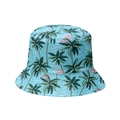 Blue summer bucket hat with tropical palm tree and pink flamingo prints for sun protection - M (56-58cm) / Mint Green
