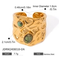 18k gold plated stainless steel wide ring with two green stones and hammered texture - Green Stone Hammered Wide Face Ring (JDRW2408018-GN)