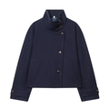 Short navy wool coat for women with stand collar and offset amber button closure - XS / Tops / Navy Blue