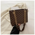 Deep brown tote bag with geometric diamond print and gold chain strap - Brown
