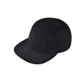 Close-up of the vintage black corduroy fabric and 5-panel stitching on the flat brim cap - Adjustable / Black