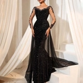Detail of elegant black sequin evening gown featuring lace appliques and sheer mesh sleeve - S / Dresses / Black