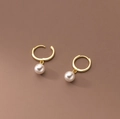 Elegant gold hoop earrings with white shell pearl pendants in a minimalist Korean style - Gold