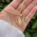 Detail of 18K gold-plated necklace with Virgin Mary and red enamel rose pendants - Virgin Mary & Red Rose Style (A)