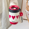 White stainless steel coffee tumbler with red heart pattern and portable hand strap - Black & Red - Heart