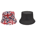 Détail d'un bob réversible avec imprimé Union Jack vintage et tissu noir uni classique - Drapeau Britannique Style Usé (款式-1)