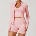 Ensemble de yoga rose 3 pièces sans couture avec veste zippée, débardeur et short taille haute - S / Haut Et Bas / Ensemble 3 Pièces (Soutien-Gorge+Short+Veste) / Rose Pêche