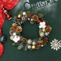 Christmas wreath with pine cones cotton and gold baubles on a green snowflake background - Without Lights / 30cm / Gold