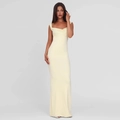 Elegant pale yellow sleeveless maxi dress with a cowl neck and slim fit design - Apricot