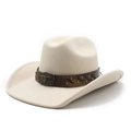 Beige wide brim cowboy hat with brown strap and bull head metal buckle accessory - M (56-58cm) / Beige
