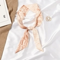 Elegant beige silk twilly scarf with botanical prints and letter L design for hair or neck - Letter L-Pink Plant