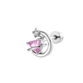 Puce d'oreille lune et étoile en argent avec zircon cœur rose et fermoir à vis - Pièce Unique / Zircone Rose (A484-3)